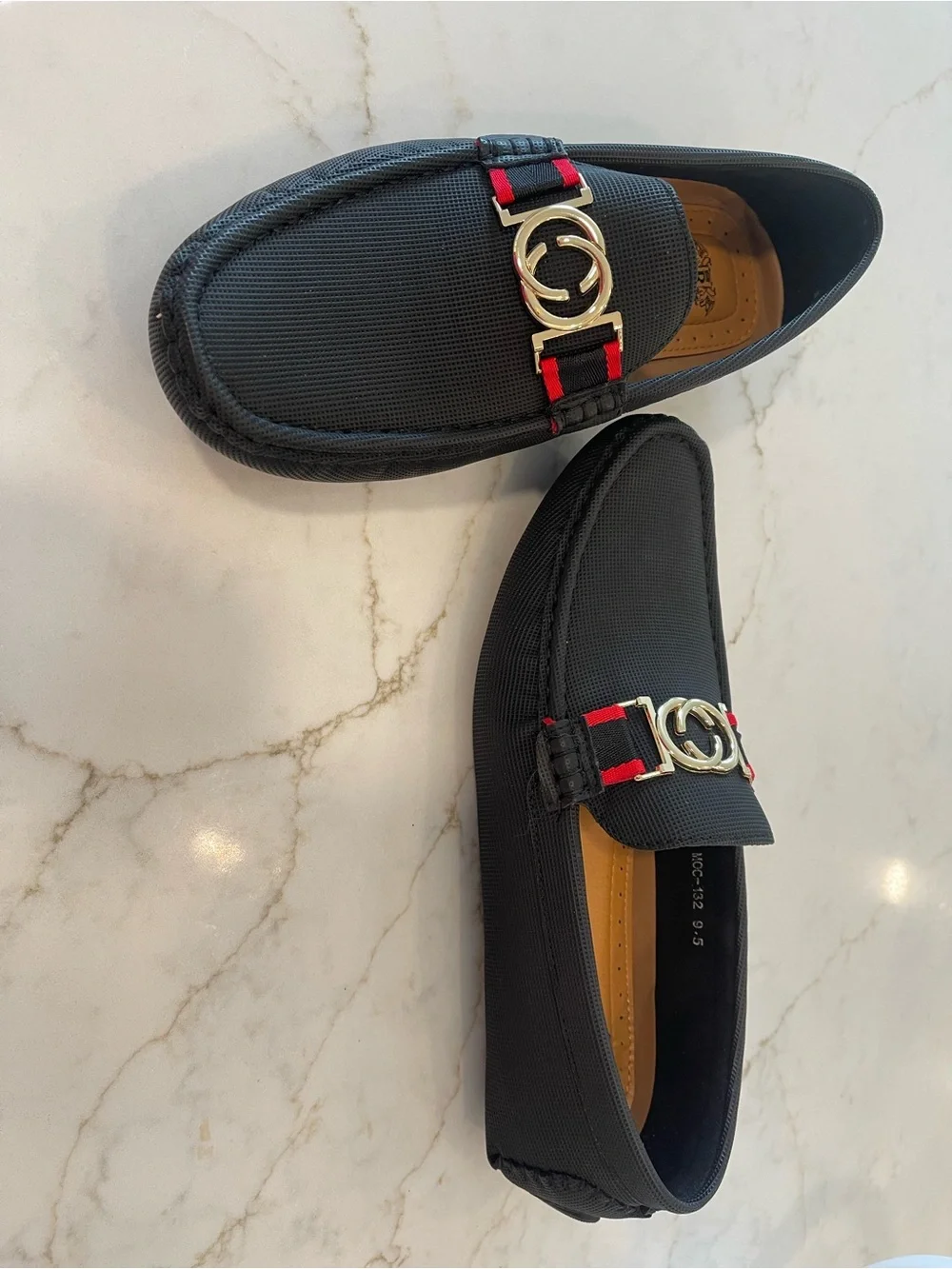 Men's Black Slip-On Loafers with Red Accent and Double-Ring Detail